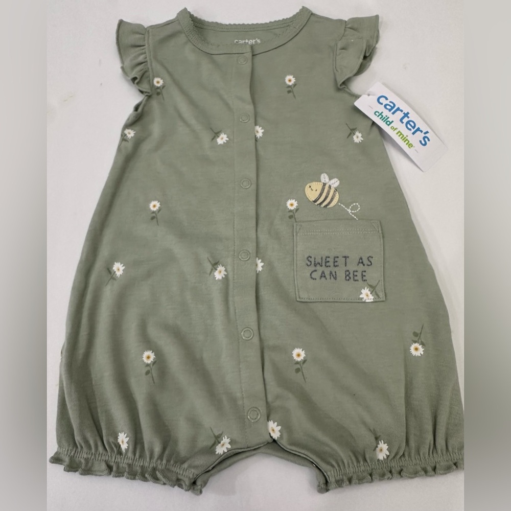 Carter's Olive Green Bee & Daisy Baby Girl Pocket Romper Size 6-9 Months